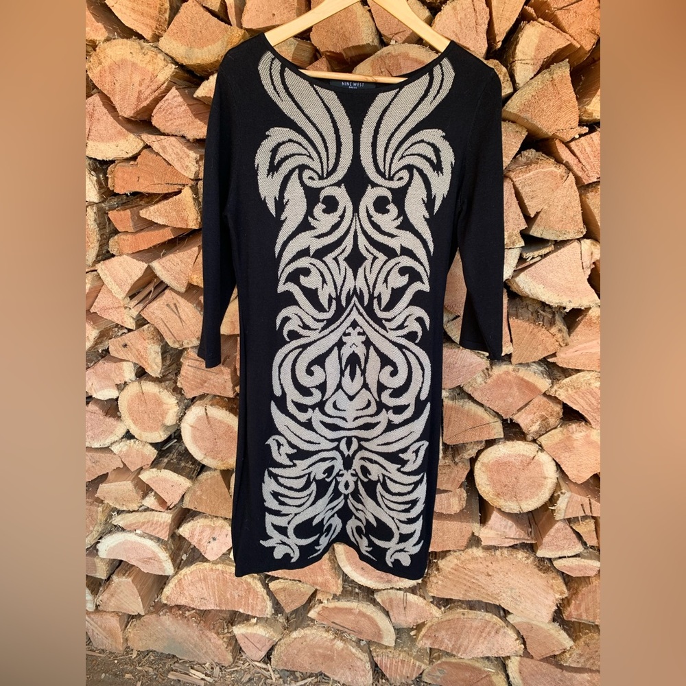 Black‎ Cream Patterned Stretchy Midi Dress Womens Medium